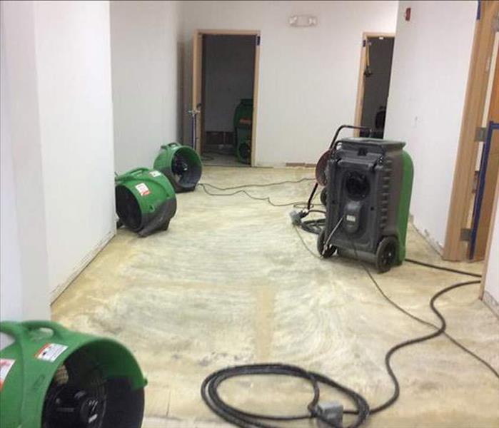 drying equipment, concrete pad floor, carpet removed doors shown