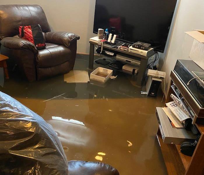 Basement with television and furniture with standing water