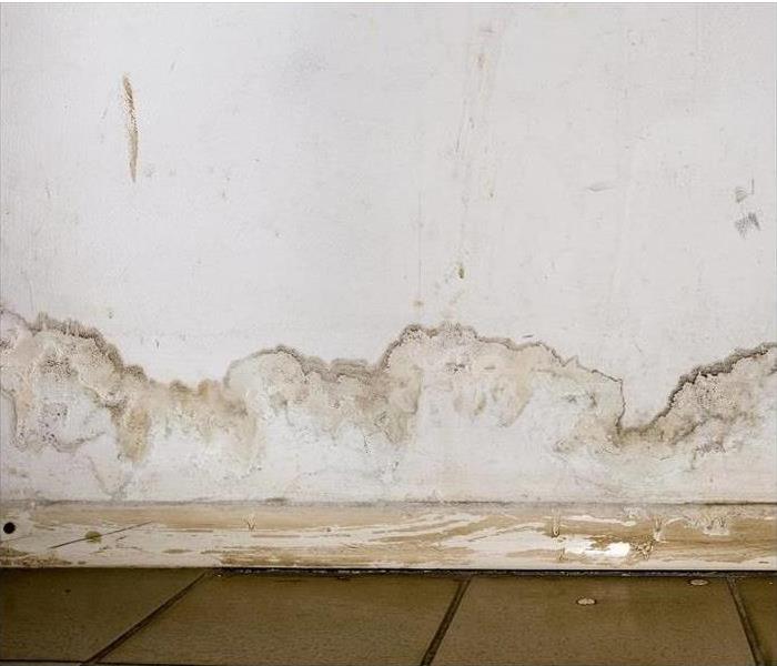 water damaged wall and floorboard; water stains on wall
